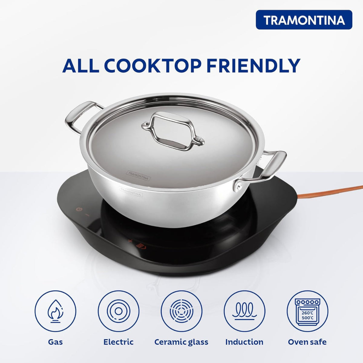Tramotina Fusao EX+  Ceramic Stainless Steel Tri-Ply Extra Deep Kadai with SS Lid
