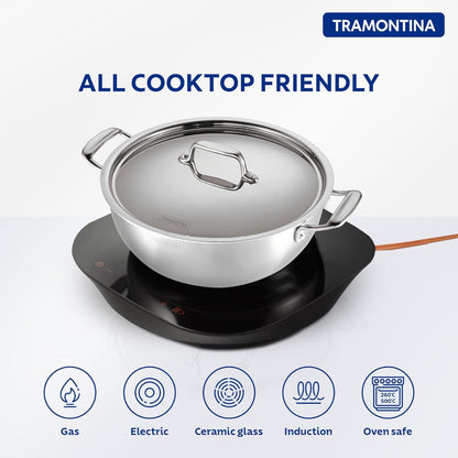 Tramotina Fusao EX+  Ceramic Stainless Steel Tri-Ply Extra Deep Kadai with SS Lid
