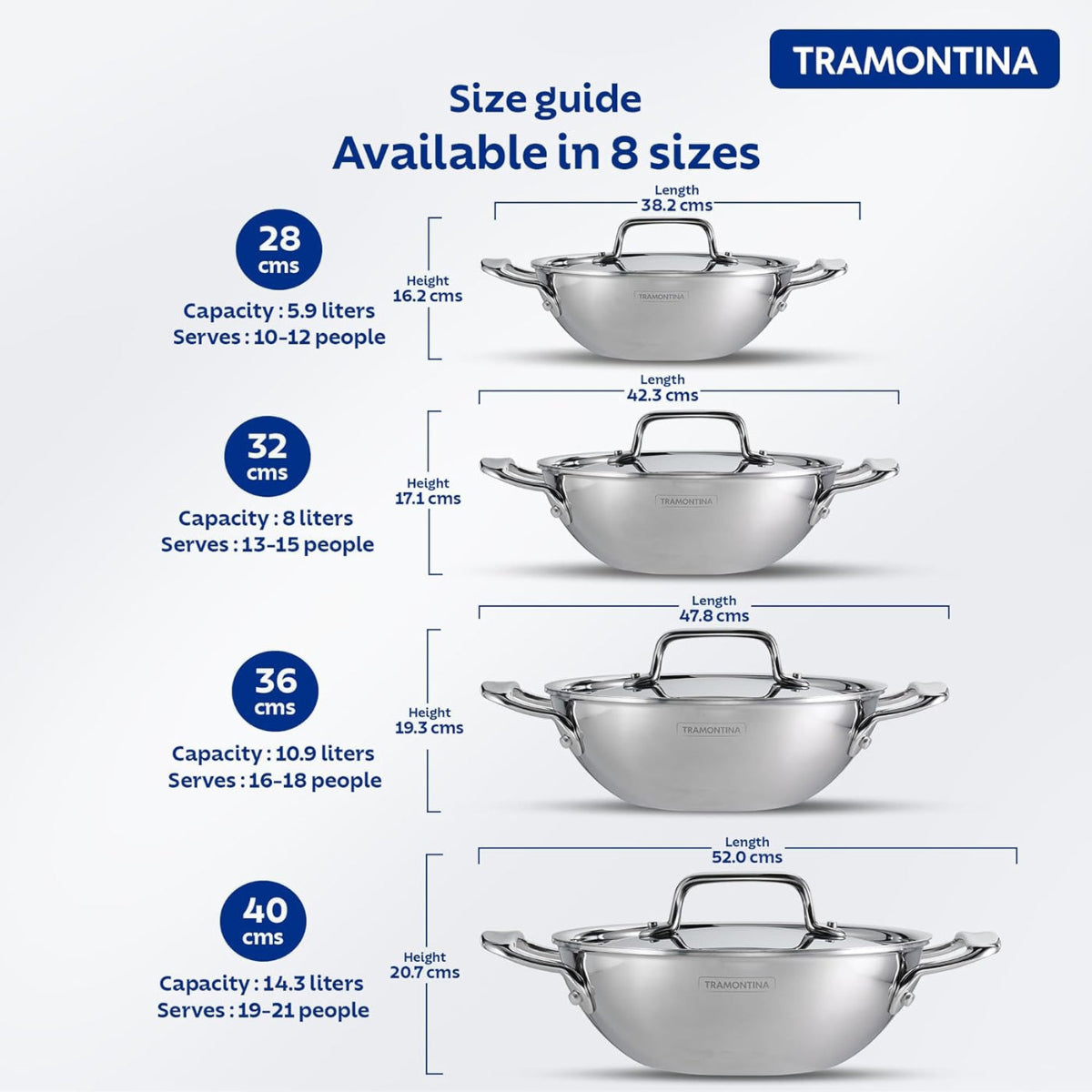 Tramotina Fusao EX+  Ceramic Stainless Steel Tri-Ply Extra Deep Kadai with SS Lid