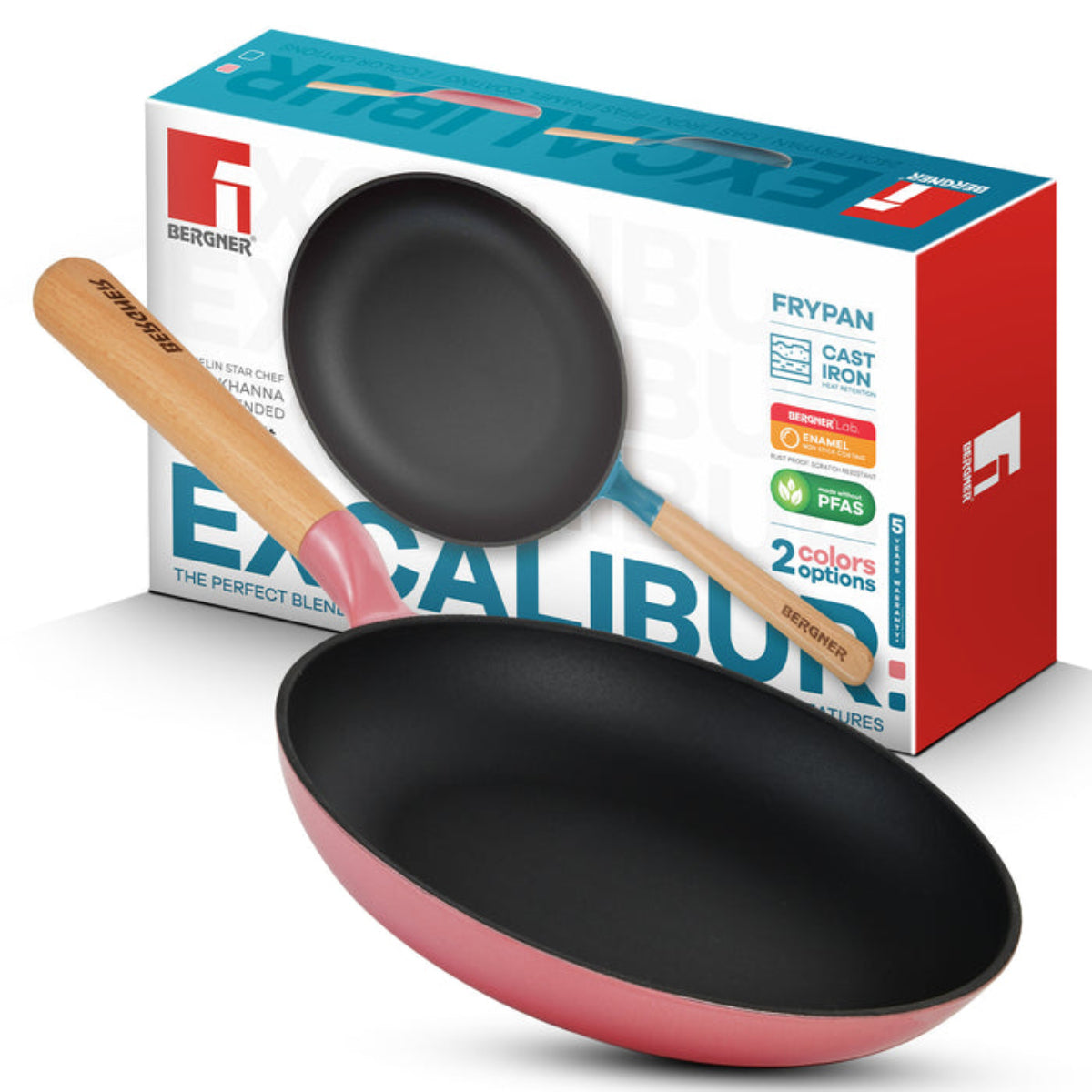 Bergner Excalibur Light Cast Iron Frypan Induction Bottom, Pink
