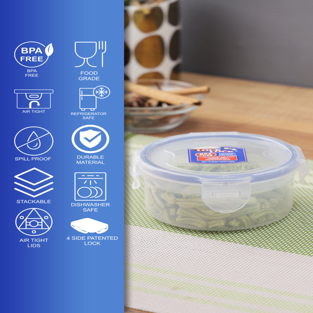 LocknLock Classics Round Food Container with Leak Proof Locking Lid, Clear