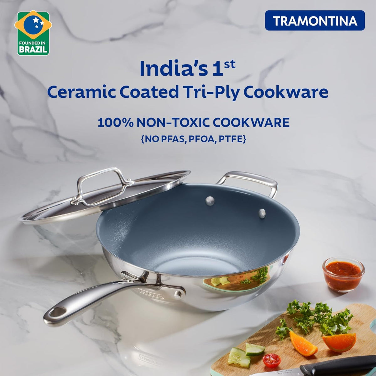 Tramontina Fusao EX+ Triply Ceramic 26cm Wok with SS Lid