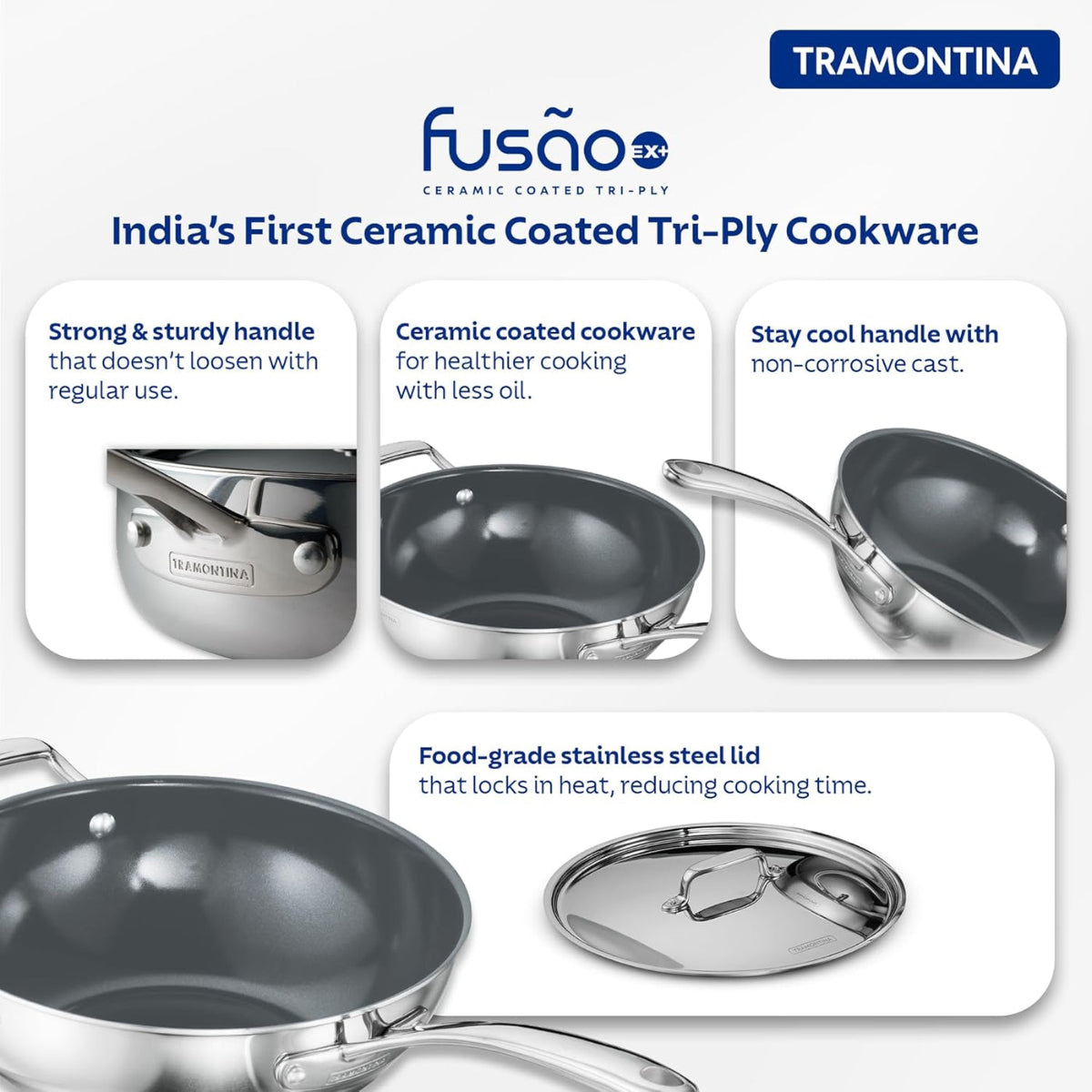 Tramontina Fusao EX+ Triply Ceramic 26cm Wok with SS Lid