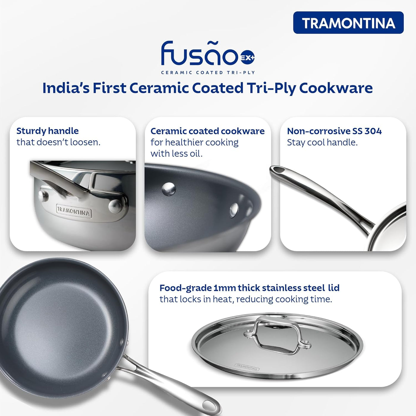 Fusao EX+ 20cm Ceramic Stainless Steel Tri-Ply Fry Pan with SS Lid
