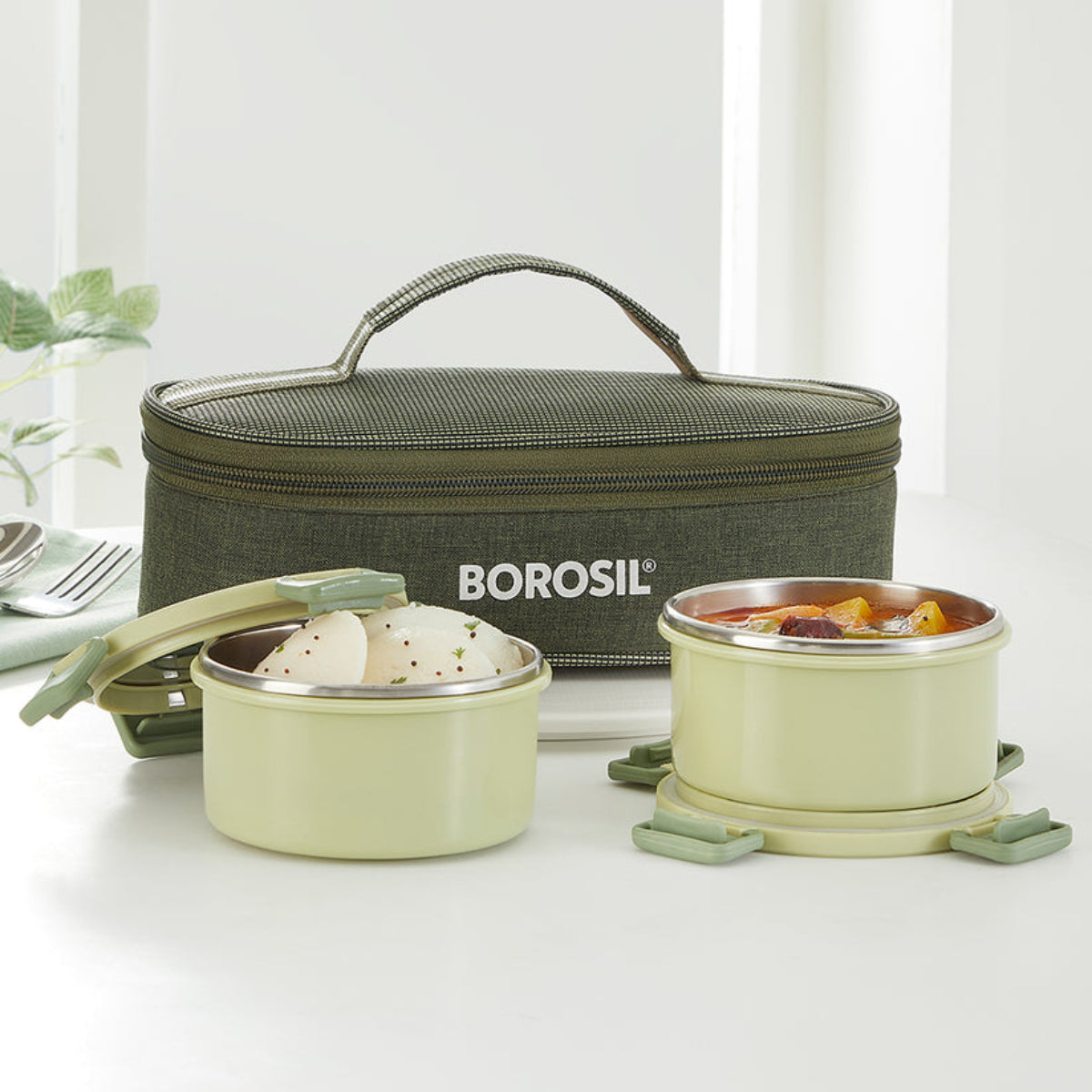 Borosil Glory Green Lunchbox, Flat set of 2 - 280 ml