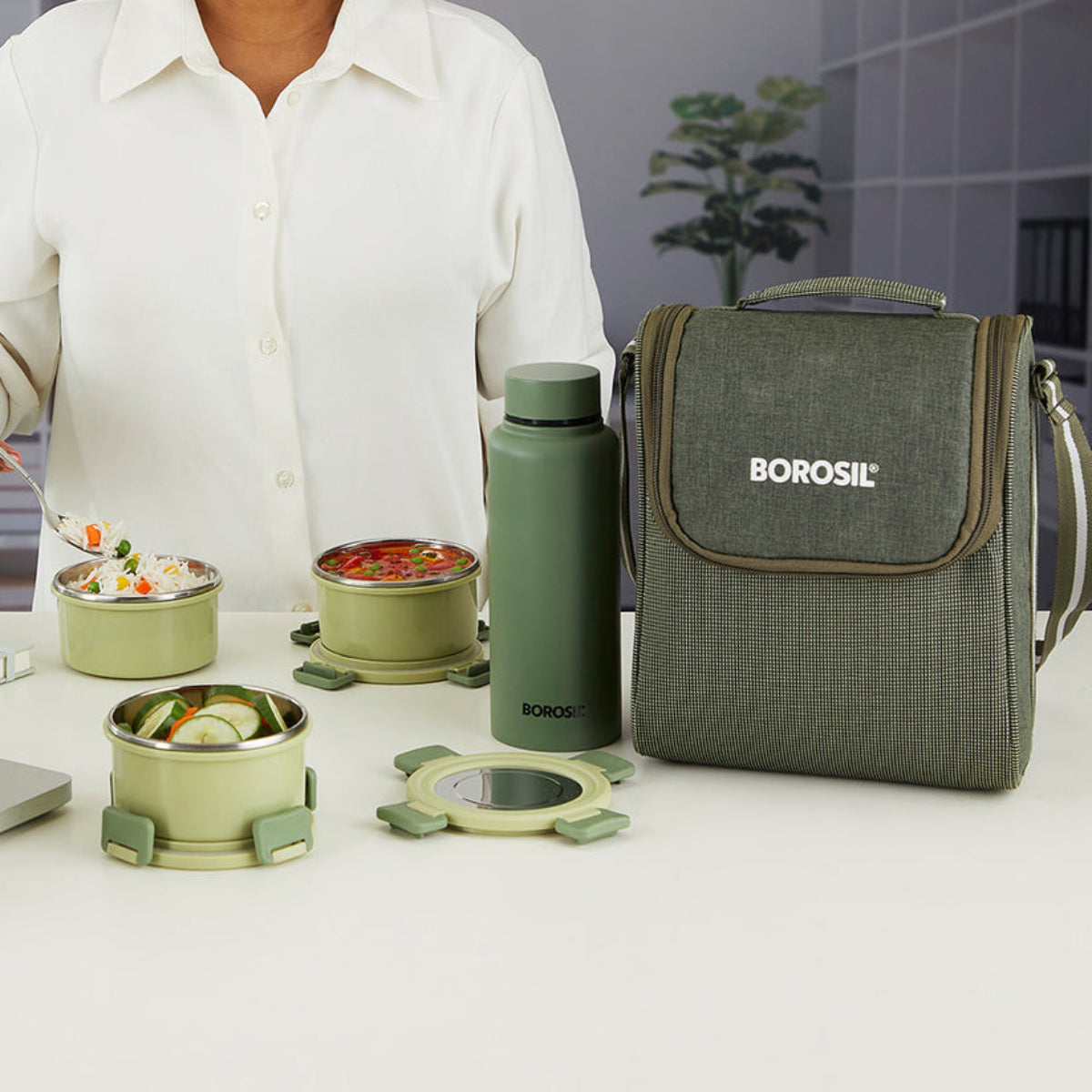Borosil Glory Round Lunchbox with Stainless Steel Set of 4, 280ml x 3 + 600ml (Bottle)