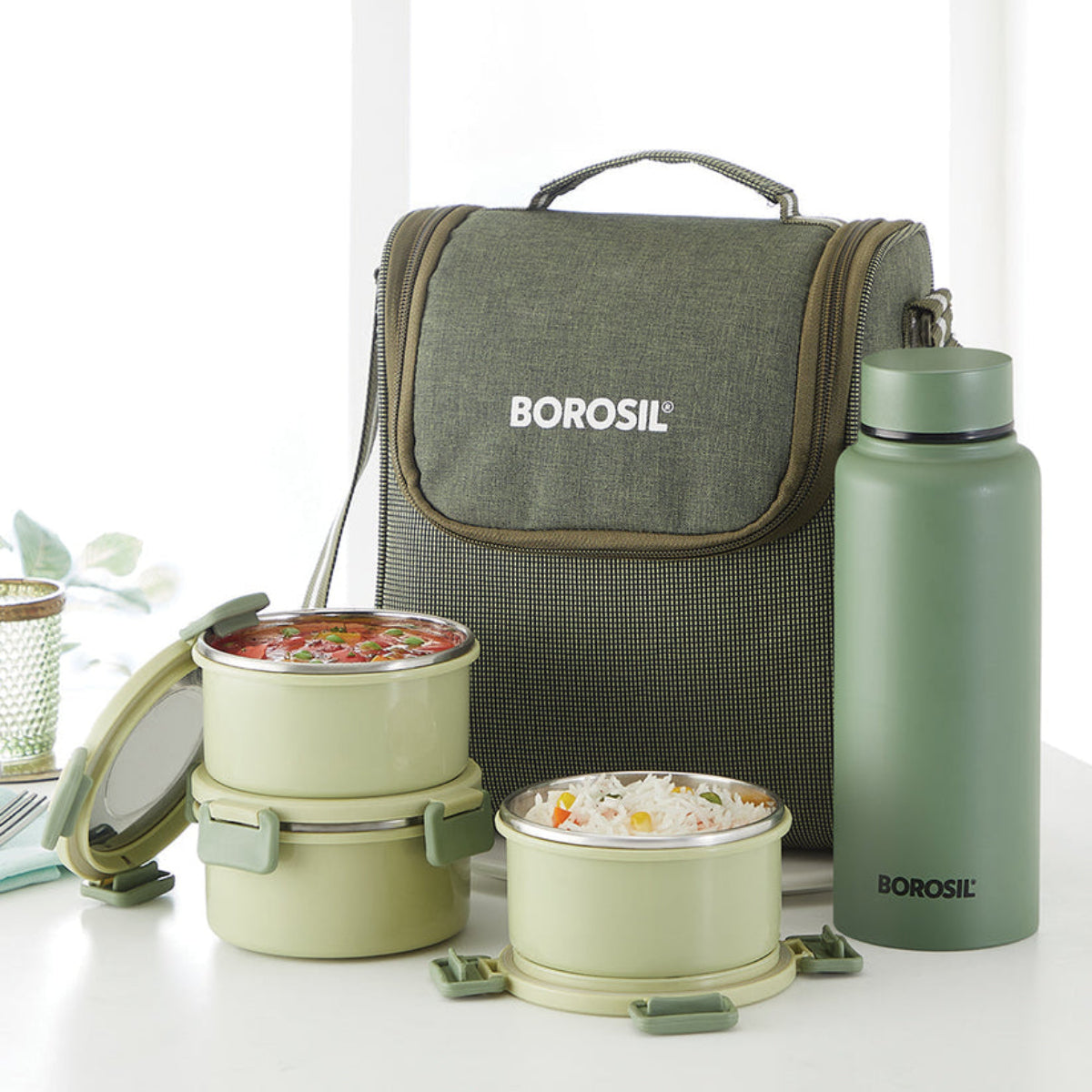 Borosil Glory Round Lunchbox with Stainless Steel Set of 4, 280ml x 3 + 600ml (Bottle)