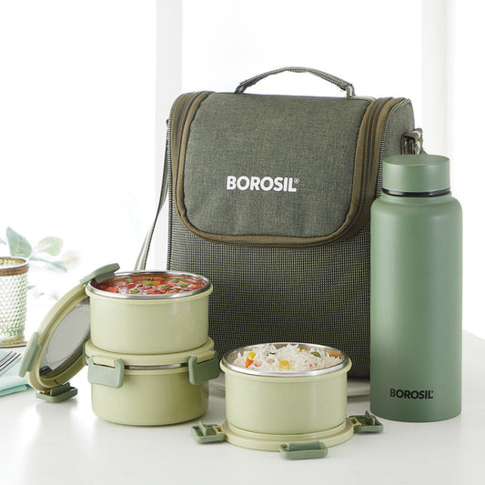 Borosil Glory Round Lunchbox with Stainless Steel Set of 4, 280ml x 3 + 600ml (Bottle)
