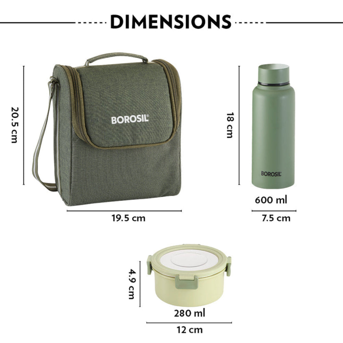 Borosil Glory Round Lunchbox with Stainless Steel Set of 4, 280ml x 3 + 600ml (Bottle)