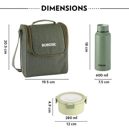 Borosil Glory Round Lunchbox with Stainless Steel Set of 4, 280ml x 3 + 600ml (Bottle)