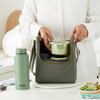 Borosil Glory Round Lunchbox with Stainless Steel Set of 4, 280ml x 3 + 600ml (Bottle)
