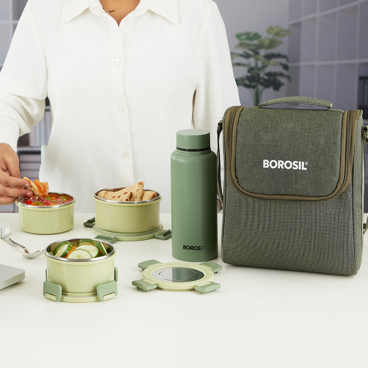 Borosil Glory Round Lunchbox with Stainless Steel Set of 4, 460ml + 280ml x 2 + 600ml (Bottle)