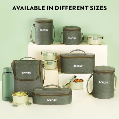 Borosil Glory Round Lunchbox with Stainless Steel Set of 4, 460ml + 280ml x 2 + 600ml (Bottle)