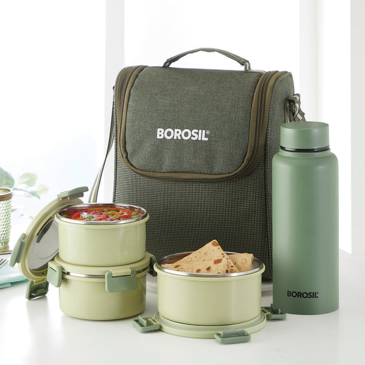 Borosil Glory Round Lunchbox with Stainless Steel Set of 4, 460ml + 280ml x 2 + 600ml (Bottle)