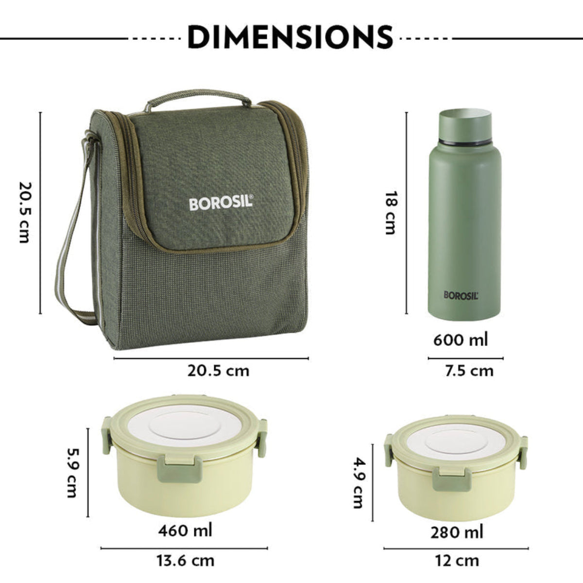 Borosil Glory Round Lunchbox with Stainless Steel Set of 4, 460ml + 280ml x 2 + 600ml (Bottle)
