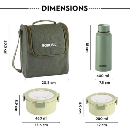 Borosil Glory Round Lunchbox with Stainless Steel Set of 4, 460ml + 280ml x 2 + 600ml (Bottle)