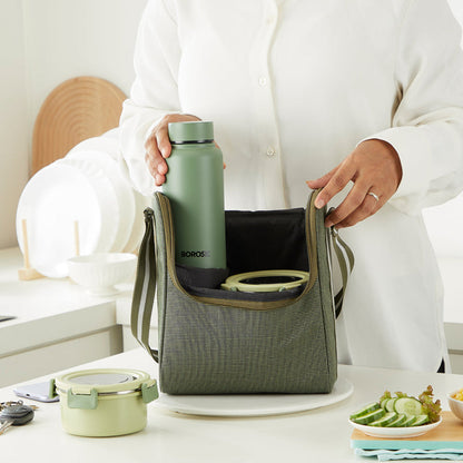 Borosil Glory Round Lunchbox with Stainless Steel Set of 4, 460ml + 280ml x 2 + 600ml (Bottle)