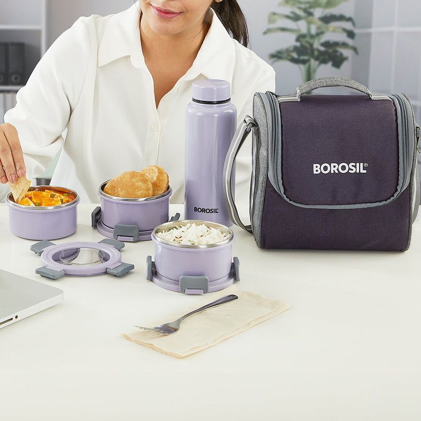 Borosil Glory Round Lunchbox with Stainless Steel Set of 4, 280ml x 3 + 600ml (Bottle)