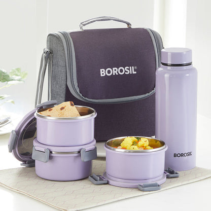 Borosil Glory Round Lunchbox with Stainless Steel Set of 4, 280ml x 3 + 600ml (Bottle)
