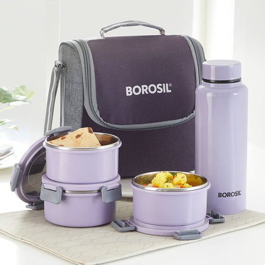 Borosil Glory Round Lunchbox with Stainless Steel Set of 4, 280ml x 3 + 600ml (Bottle)