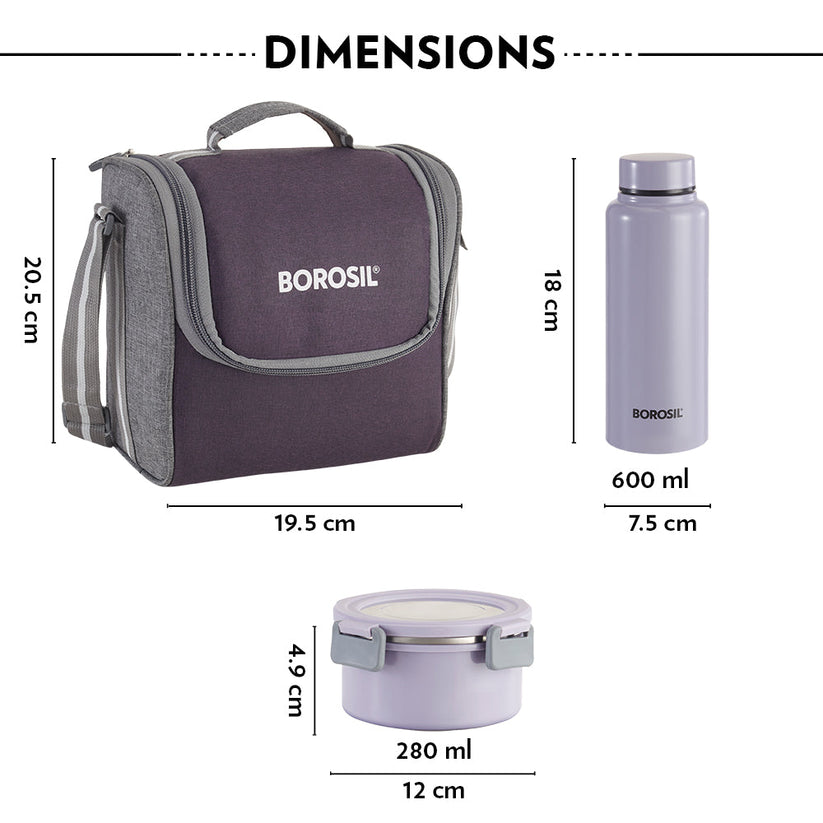 Borosil Glory Round Lunchbox with Stainless Steel Set of 4, 280ml x 3 + 600ml (Bottle)