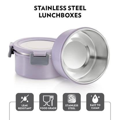 Borosil Glory Round Lunchbox with Stainless Steel Set of 4, 280ml x 3 + 600ml (Bottle)