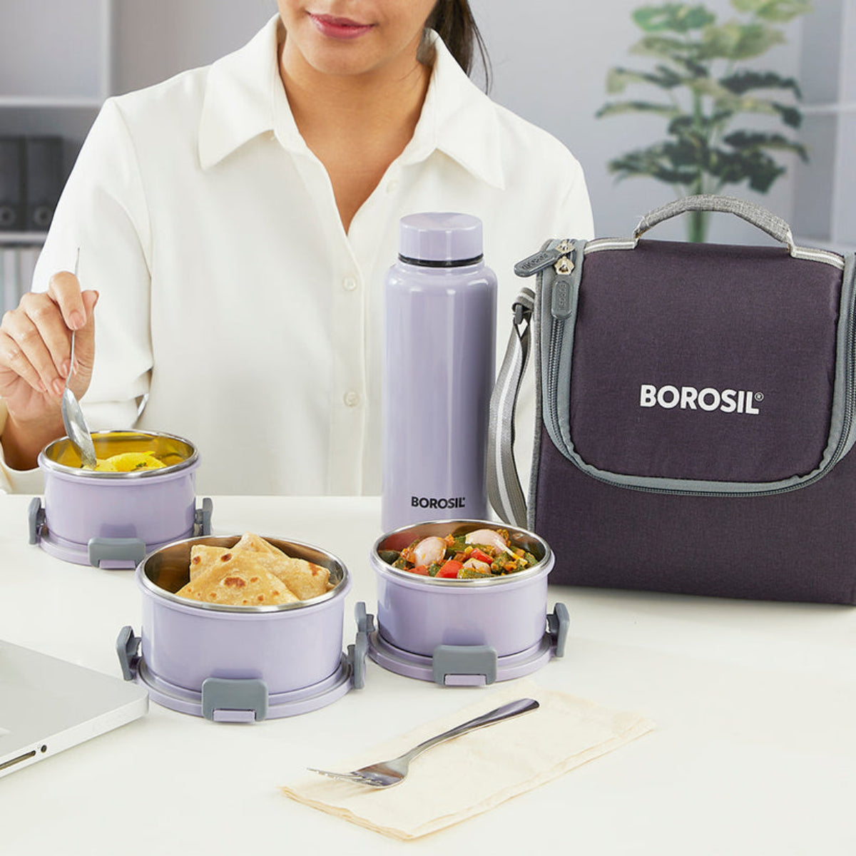 Borosil Glory Round Lunchbox with Stainless Steel Set of 4, 460ml + 280ml x 2 + 600ml (Bottle)