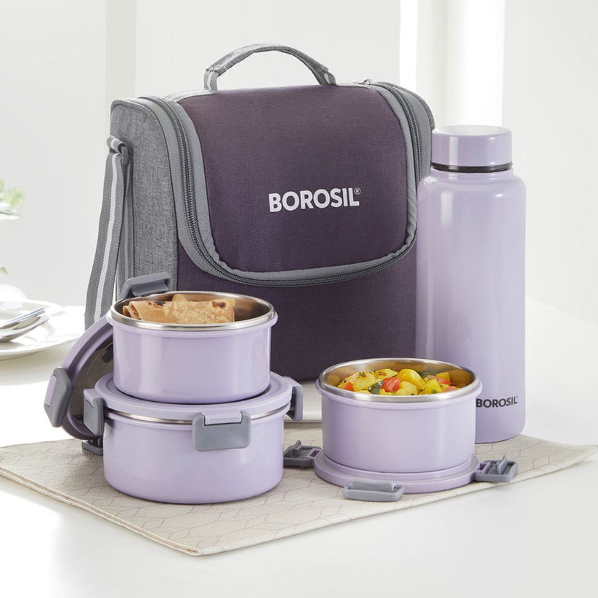 Borosil Glory Round Lunchbox with Stainless Steel Set of 4, 460ml + 280ml x 2 + 600ml (Bottle)