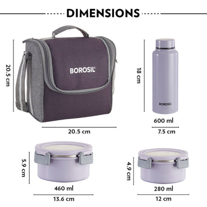 Borosil Glory Round Lunchbox with Stainless Steel Set of 4, 460ml + 280ml x 2 + 600ml (Bottle)