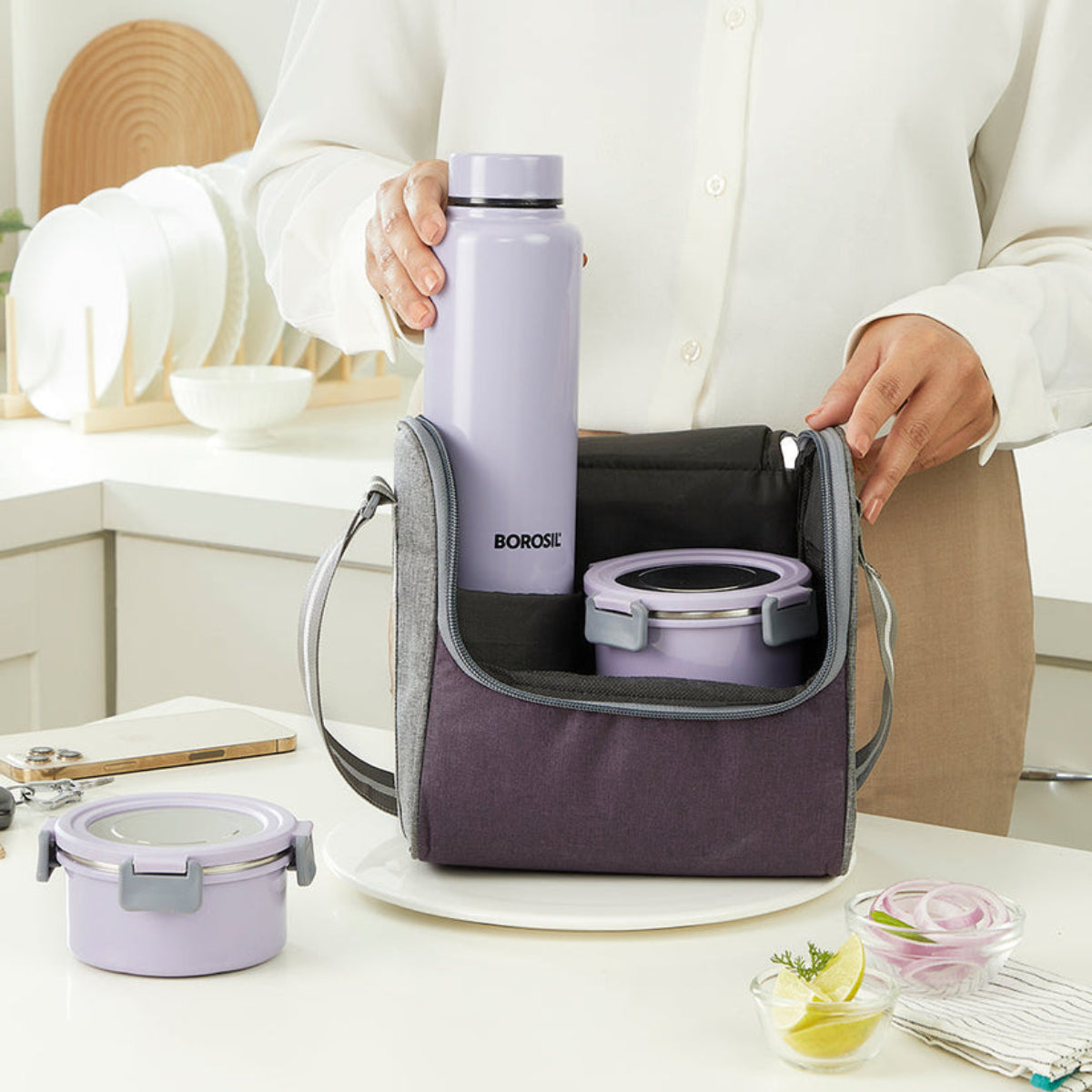 Borosil Glory Round Lunchbox with Stainless Steel Set of 4, 460ml + 280ml x 2 + 600ml (Bottle)