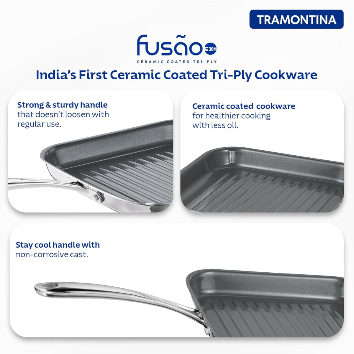 Tramantino Fusao EX+ 26cm Ceramic Stainless Steel Tri-Ply Grill Pan