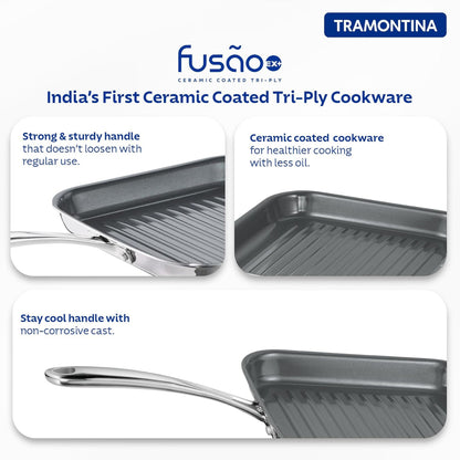 Tramantino Fusao EX+ 26cm Ceramic Stainless Steel Tri-Ply Grill Pan