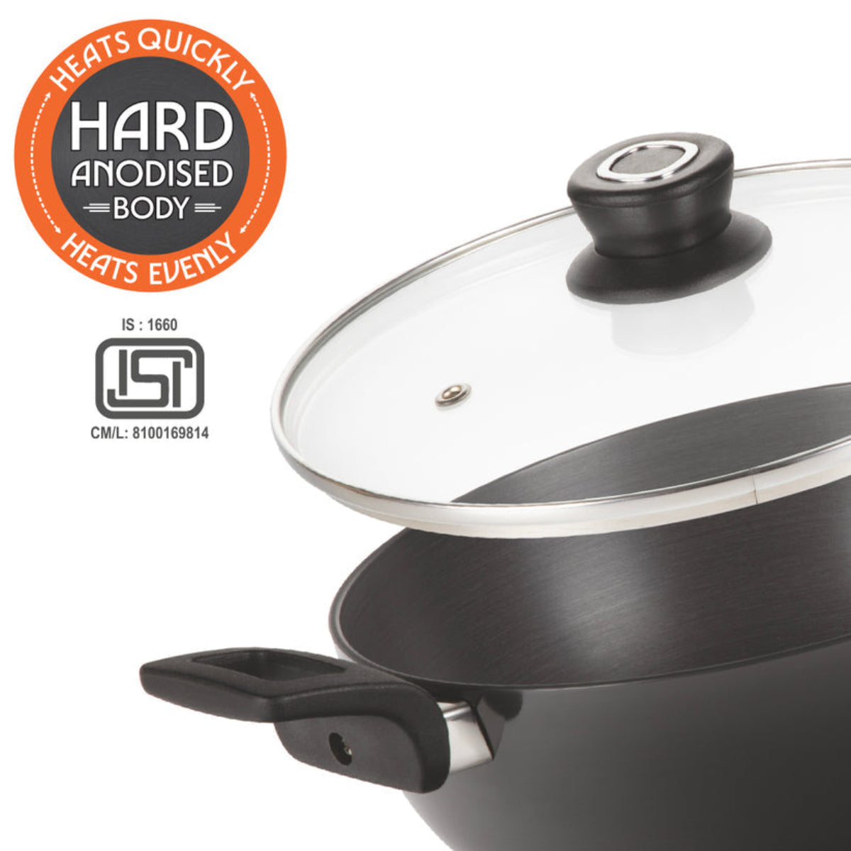 Borosil Hard Anodized Induction Base Deep Kadhai With Glass Lid