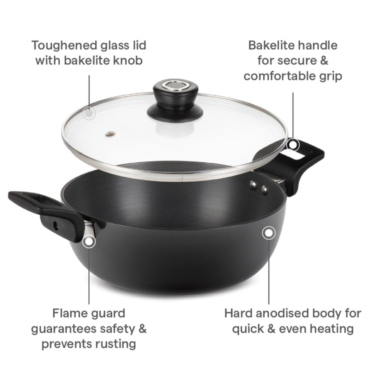 Borosil Hard Anodized Induction Base Deep Kadhai With Glass Lid