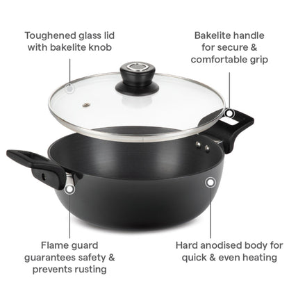 Borosil Hard Anodized Induction Base Deep Kadhai With Glass Lid