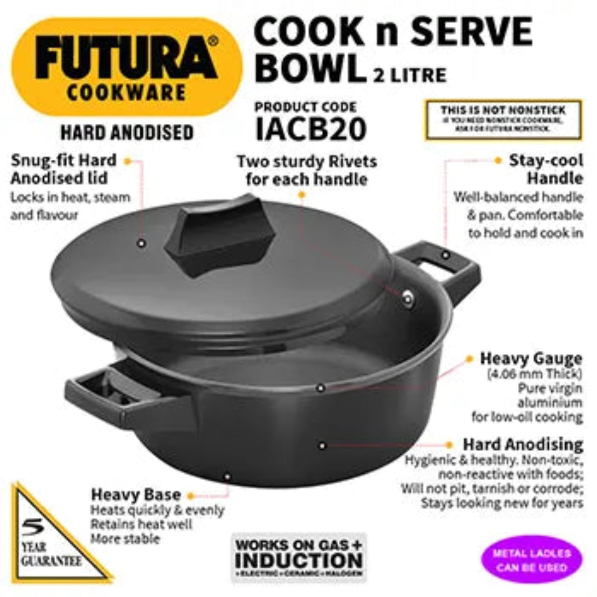 Futura By HawkInduction Compatible Cook-n-Serve Bowl 2 Litre with Hard Anodised Lid