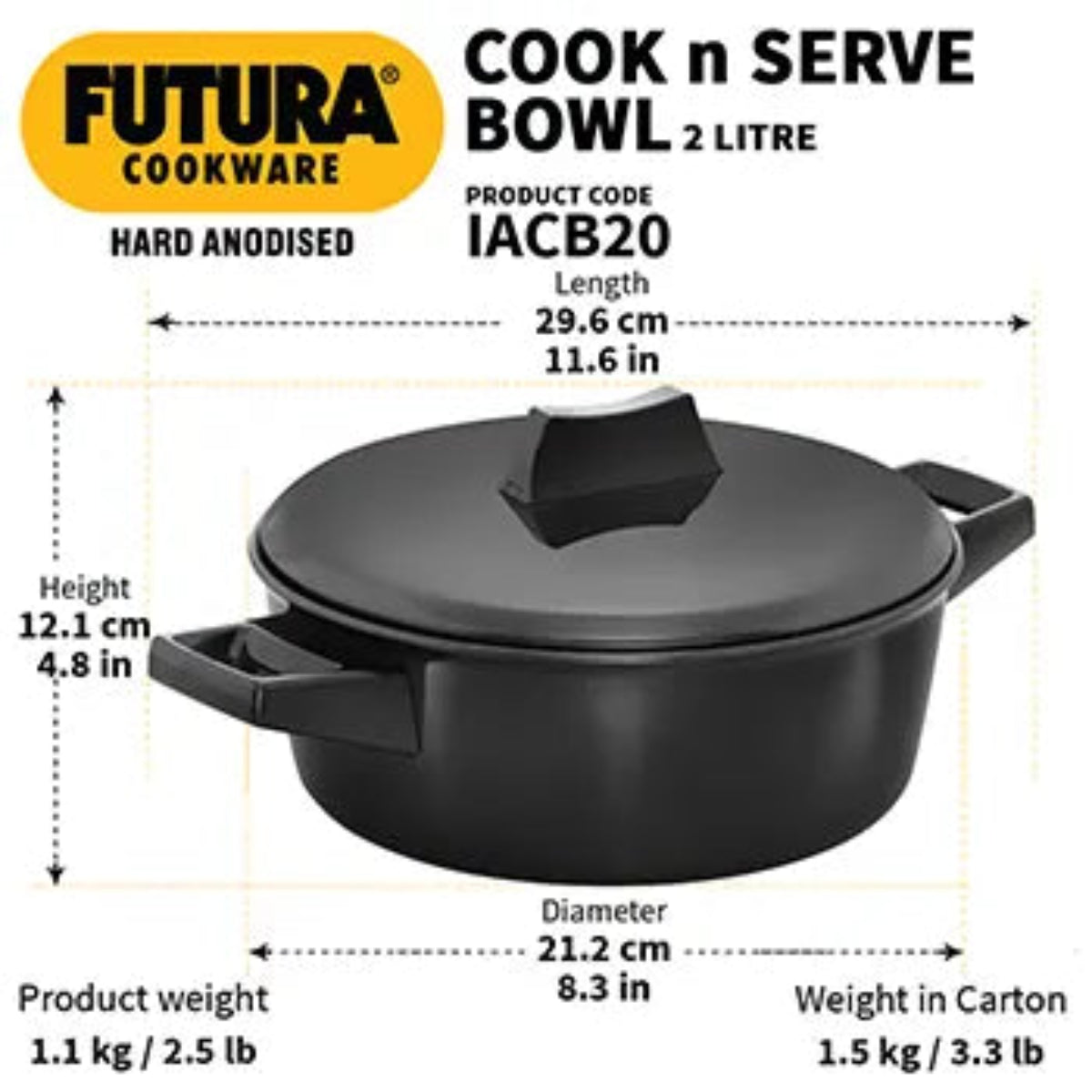 Futura By HawkInduction Compatible Cook-n-Serve Bowl 2 Litre with Hard Anodised Lid