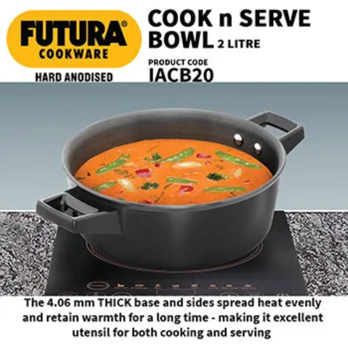 Futura By HawkInduction Compatible Cook-n-Serve Bowl 2 Litre with Hard Anodised Lid