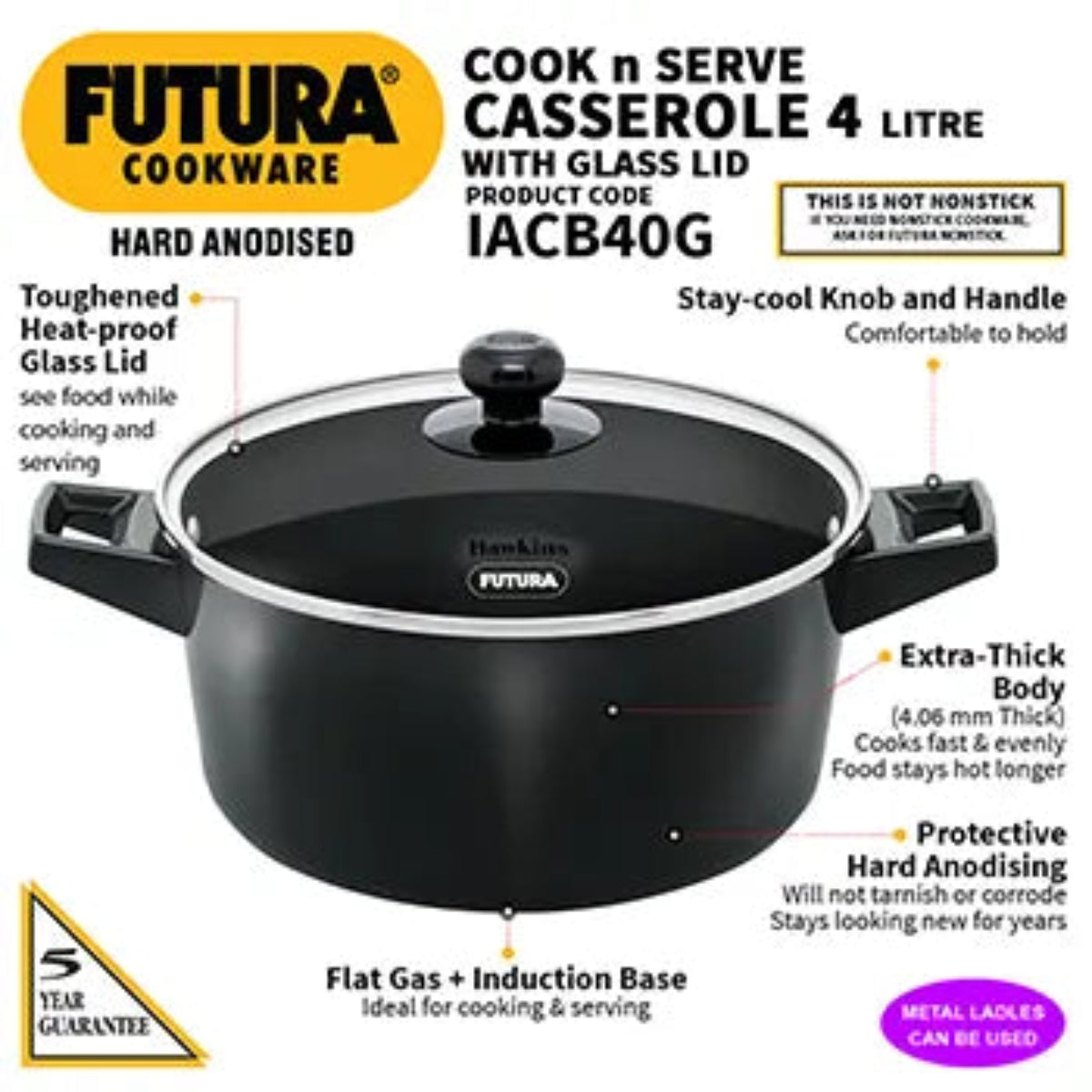 Futura By Hawkins Induction Compatible Cook n Serve Casserole 4 Litre with Glass lid