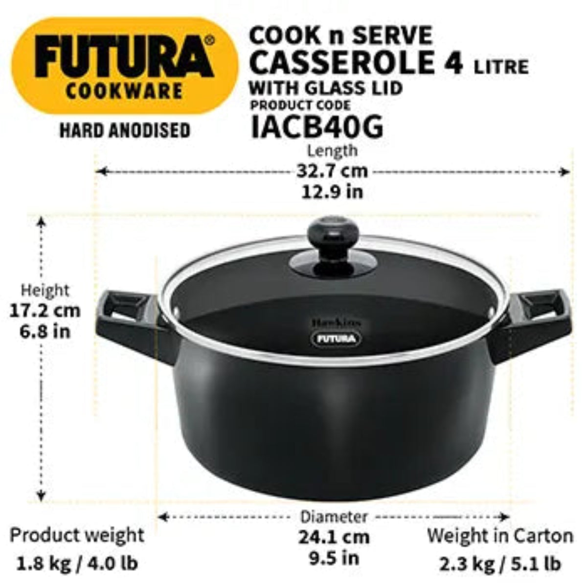 Futura By Hawkins Induction Compatible Cook n Serve Casserole 4 Litre with Glass lid