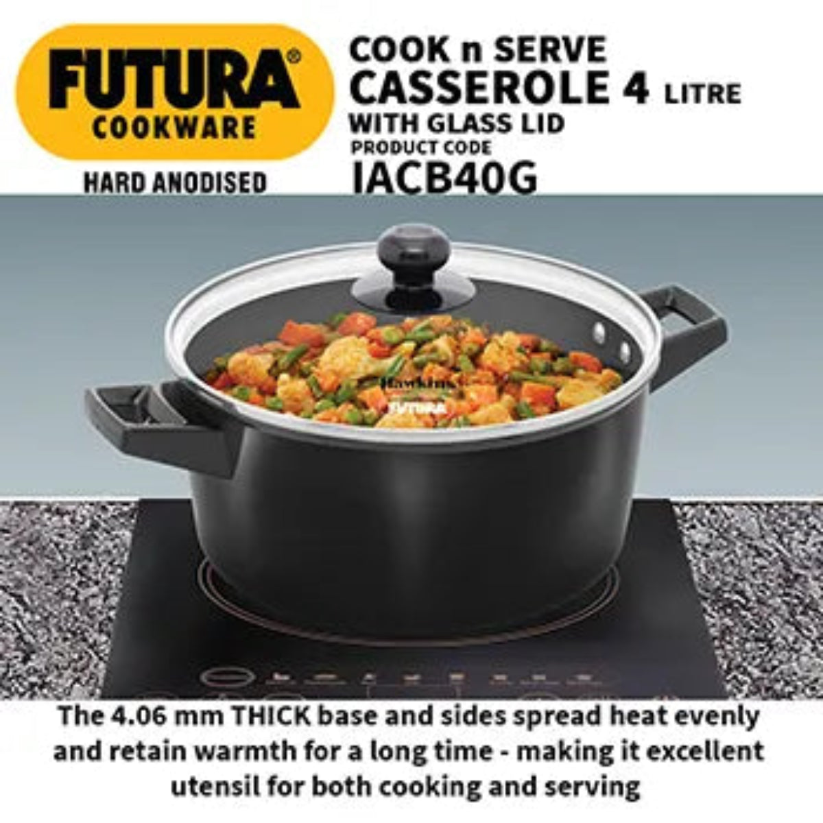 Futura By Hawkins Induction Compatible Cook n Serve Casserole 4 Litre with Glass lid