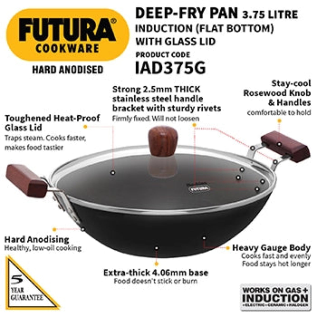 Futura By Hawkins Induction Compatible Hard Anodised Deep-Fry Pan 3.75 Litre with Glass Lid (Flat Bottom)