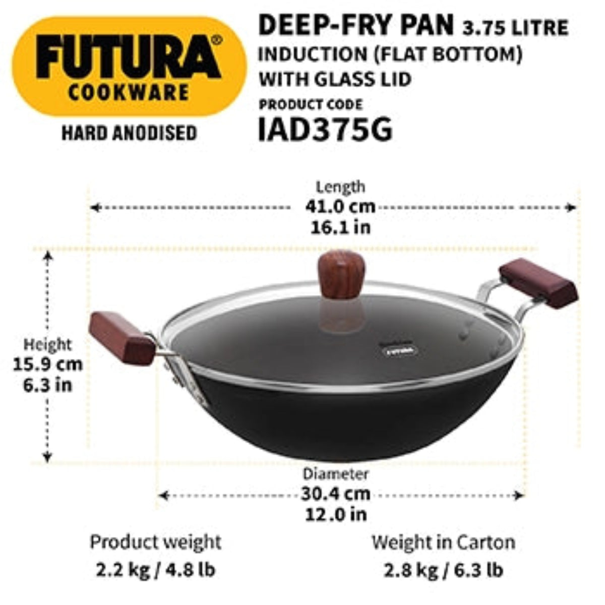 Futura By Hawkins Induction Compatible Hard Anodised Deep-Fry Pan 3.75 Litre with Glass Lid (Flat Bottom)