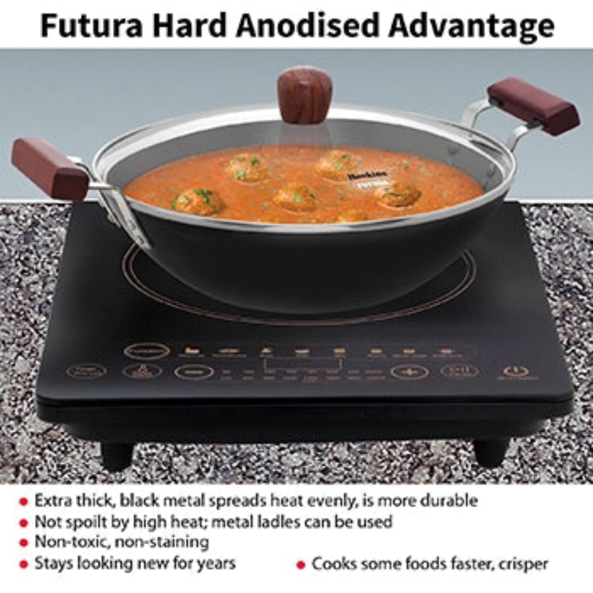 Futura By Hawkins Induction Compatible Hard Anodised Deep-Fry Pan 3.75 Litre with Glass Lid (Flat Bottom)