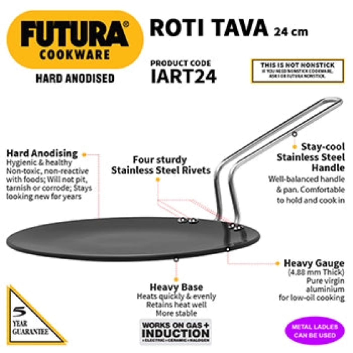 Futura By Hawkins Induction Compatible Hard Anodised Roti Tava 24 cm (4.88 mm Thick)