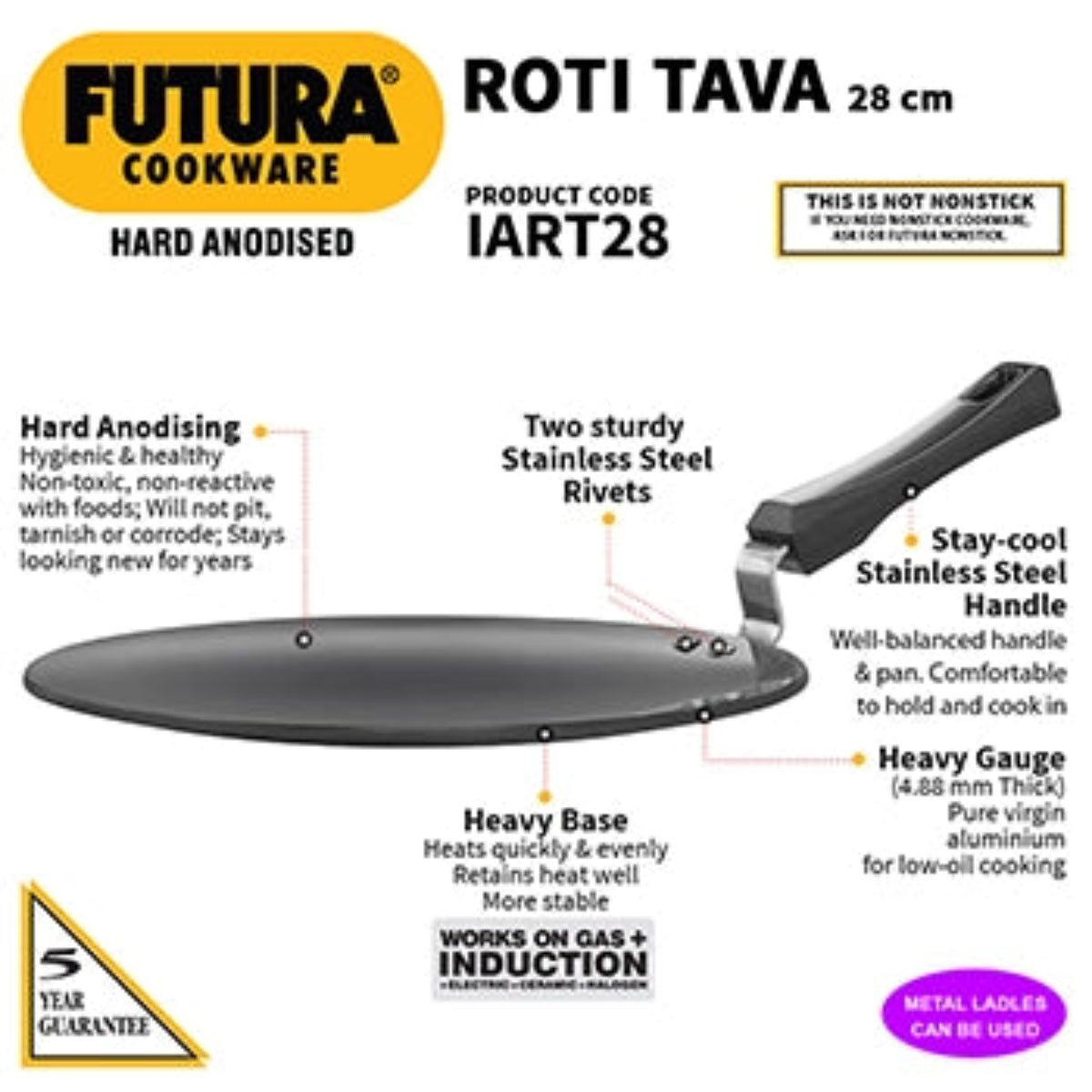 Futura By Hawkins Induction Compatible Hard Anodised Roti Tava 28 cm (4.88 mm Thick) (IART28)