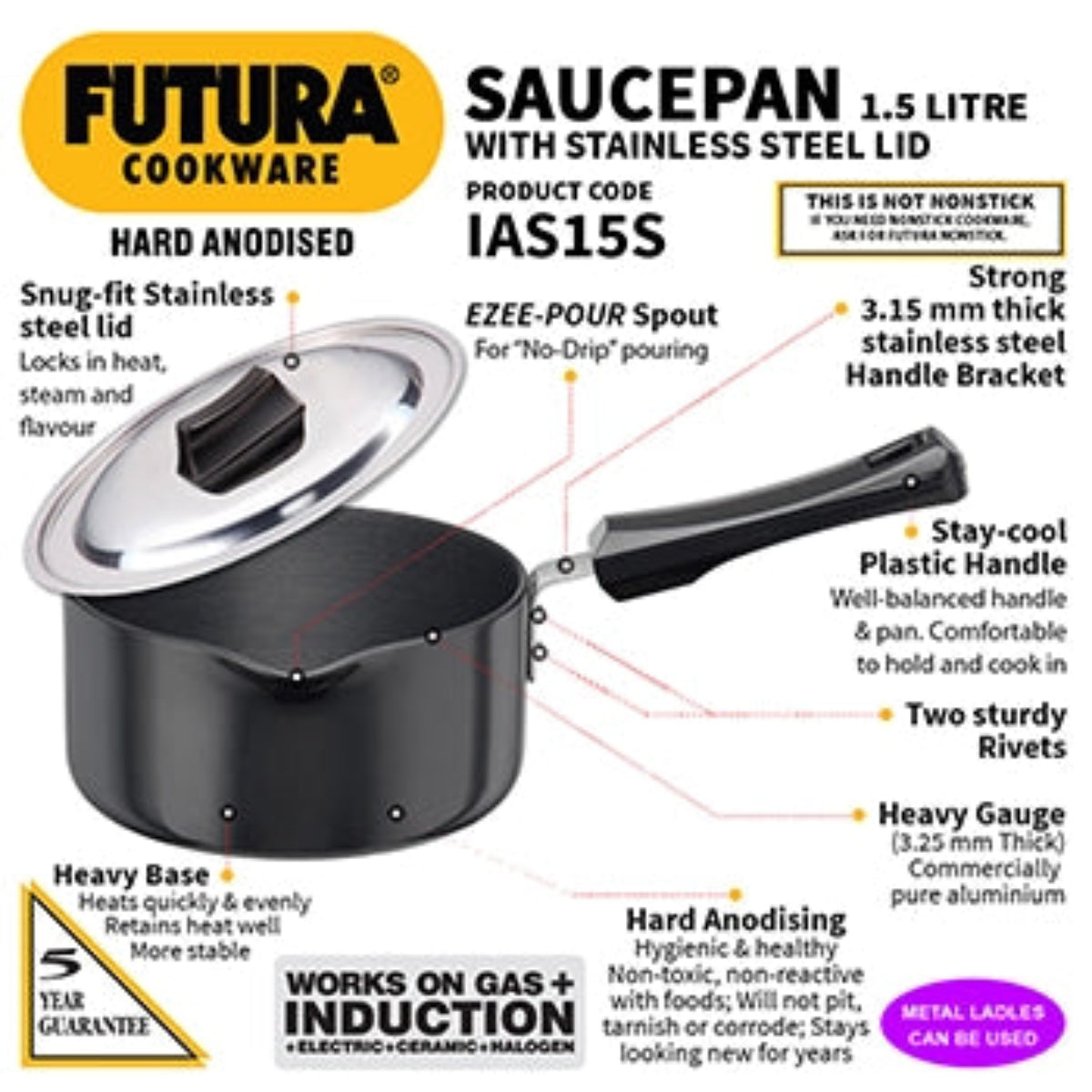 Futura By Hawkins Induction Compatible Hard Anodised Saucepan 1.5 Litre with Stainless Steel Lid (3.25 mm Thick)
