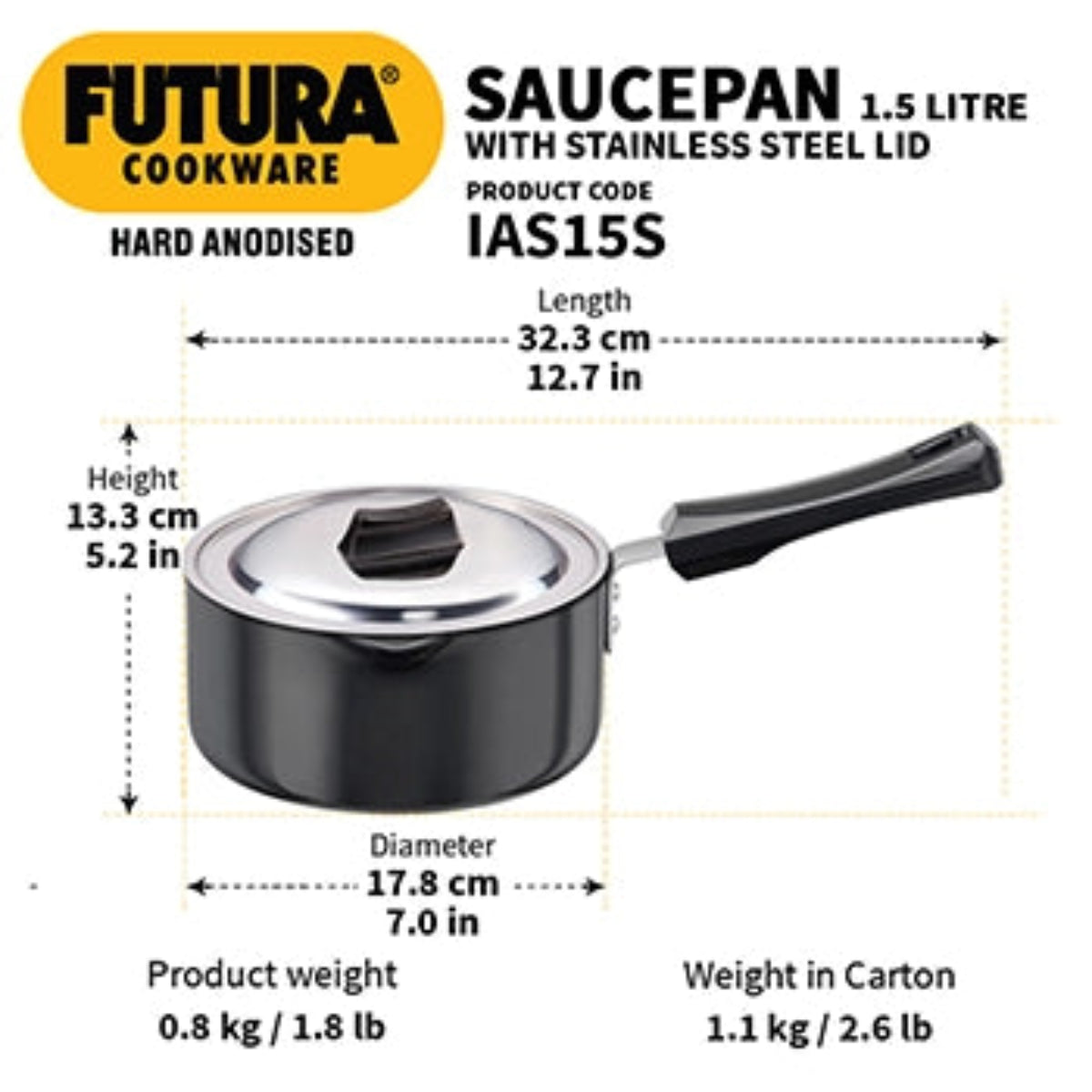 Futura By Hawkins Induction Compatible Hard Anodised Saucepan 1.5 Litre with Stainless Steel Lid (3.25 mm Thick)