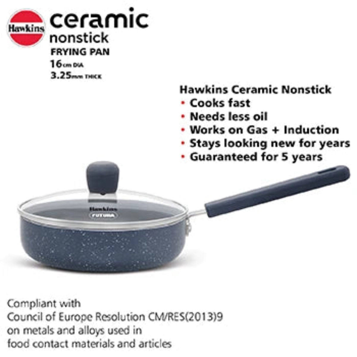 Hawkins Induction Compatible Ceramic Nonstick Frying Pan 16 cm with Glass Lid
