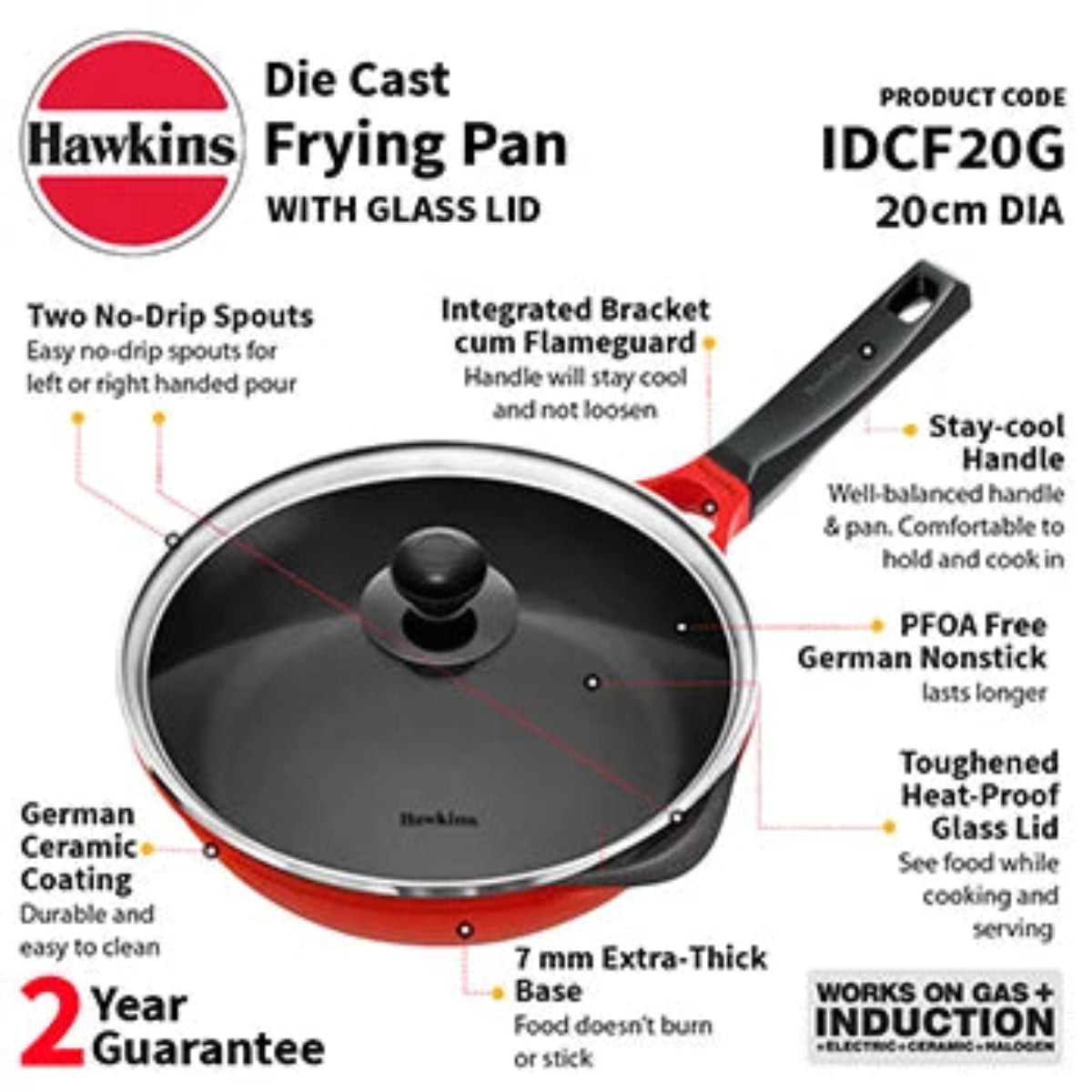 Hawkins Induction Compatible Die Cast Frying Pan 20 cm with Glass lid